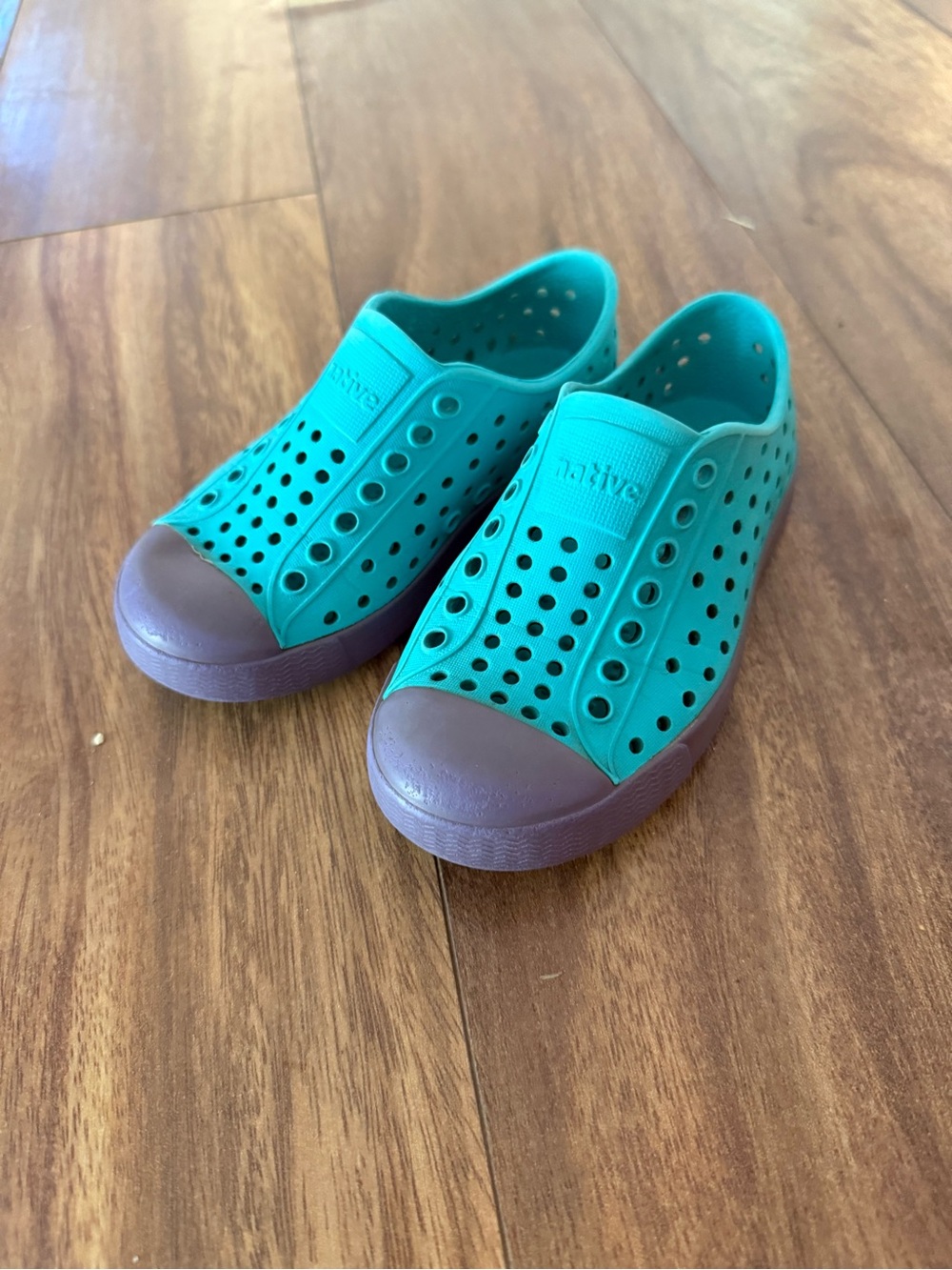 Native Kids Water Shoes in Teal with Purple Toe Caps
